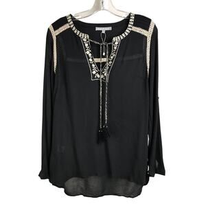 Daniel Rainn Top Sz Small Black Boho Trim Collared Tassel Front NWT